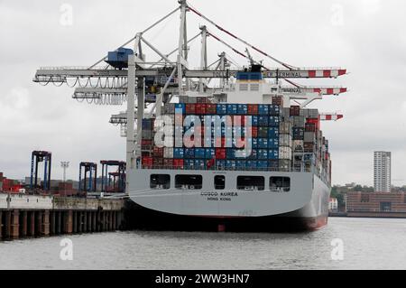 Container ship COSCO KOREA, HONG KONG, at the quay in the harbour with loading cranes in the background, Hamburg, Hanseatic City of Hamburg, Germany Stock Photo