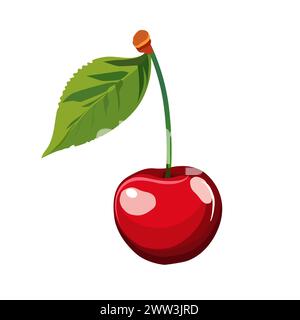 Juicy and healthy red single cherry with green leaf isolated on white background. Vector fruit illustration in flat style. Summer clipart for design o Stock Vector