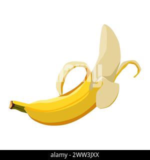 Tropical healthy yellow peeled banana with peel isolated on white background. Vector fruit illustration in flat style. Summer beach clipart for design Stock Vector