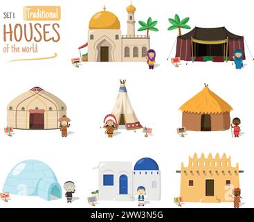 Vector illustration Set 1 of Traditional Houses of the World in cartoon style isolated on white background Stock Vector