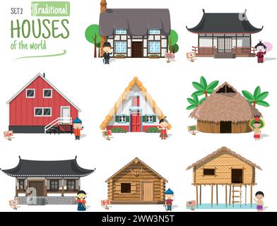 Vector illustration Set 2 of Traditional Houses of the World in cartoon style isolated on white background Stock Vector