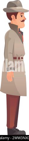Private investigator in retro cartoon style. Character side view isolated on white background Stock Vector
