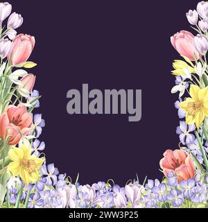 Square frame from spring flowers. Isolated hand drawn watercolor illustration of tulips, daffodils, crocuses, wild violets. Floral postcard. Template Stock Photo