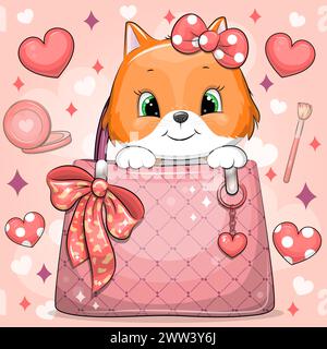 Cute cartoon fox sits in a woman's bag. Vector illustration of an animal on a pink background with hearts. Stock Vector