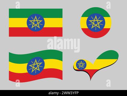 Flag of Ethiopia. Ethiopia flag in heart shape. Ethiopia flag in circle shape. Country flag variations. Stock Vector