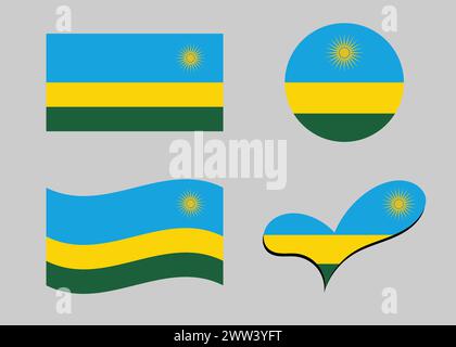 Flag of Rwanda. Rwanda flag in heart shape. Rwanda flag in circle shape. Country flag variations. Stock Vector