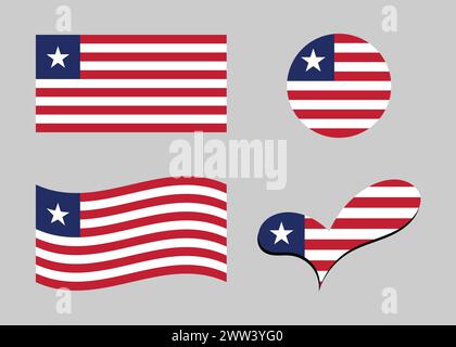 Flag of Liberia. Liberia flag in heart shape. Liberia flag in circle shape. Country flag variations. Stock Vector