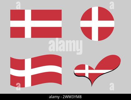 Flag of Denmark. Denmark flag in heart shape. Denmark flag in circle shape. Country flag variations. Stock Vector