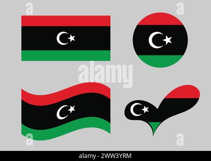 Libya flag. Flag of Libya in heart shape. Libya flag in circle shape. Country flag variations. Stock Vector