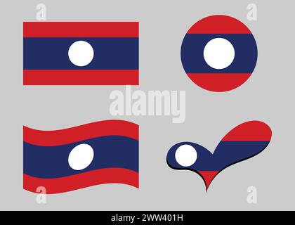Flag of Laos. Laos flag in heart shape. Laos flag in circle shape. Country flag variations. Stock Vector
