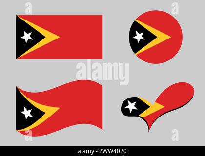 East Timor flag. Flag of East Timor in heart shape. East Timor flag in circle shape. Country flag variations. Stock Vector