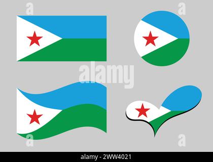 Djibouti flag. Flag of Djibouti in heart shape. Djibouti flag in circle shape. Country flag variations Stock Vector