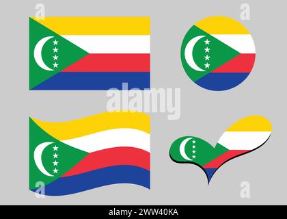 Comoros flag. Flag of Comoros in heart shape. Comoros flag in circle shape. Country flag variations. Stock Vector