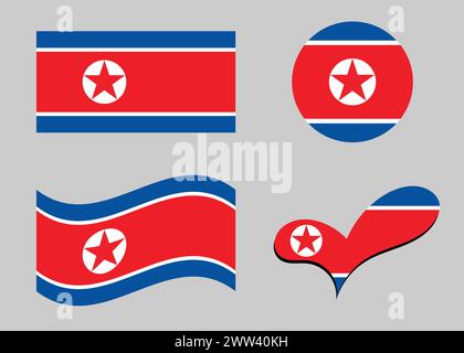 North Korea flag. Flag of North Korea in heart shape. North Korea flag in circle shape. Country flag variations. Stock Vector