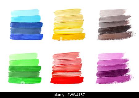 Paint strokes of different colors on white background, top view Stock Photo