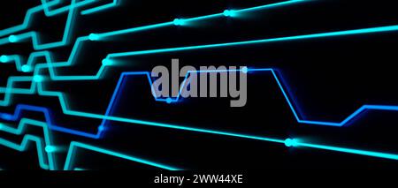Digital connections, node tree, control desk with flowing blue data points. Industry switch board, technology, futuristic, system network, control cen Stock Photo