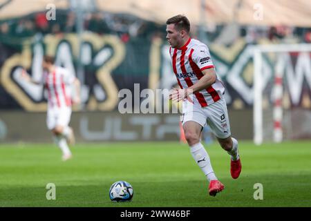 Benjamin Kallman of Cracovia Krakow seen in action during the Polish PKO Ekstraklasa League 2023/2024 football match between Cracovia Krakow and Widzew Lodz at Cracovia Stadium. Final score; Cracovia Krakow 2:2 Widzew Lodz. Stock Photo