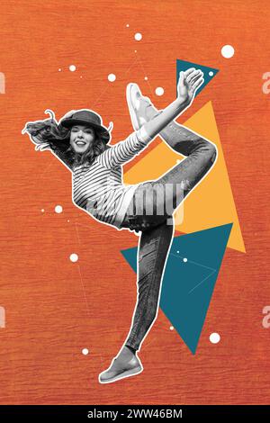 Composite trend artwork sketch image 3D photo collage of young active attractive sports lady lift leg up stretching dynamic move Stock Photo