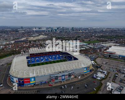 Cardiff, UK. 21st March 2024.   Aerial view of The Cardiff City Stadium in Cardiff on 21st March 2024.   This image may only be used for Editorial pur Stock Photo