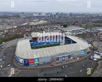 An Aerial view of Cardiff City Stadium ahead of the UEFA Euro Qualifiers Play-Off Semi-Final match Wales vs Finland at Cardiff City Stadium, Cardiff, United Kingdom, 21st March 2024  (Photo by Craig Thomas/News Images) Stock Photo
