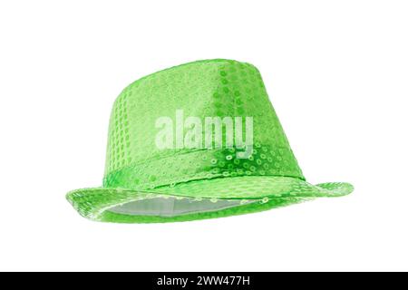 Green top hat for musical performance, in sequins on isolated white background closeup. Stock Photo