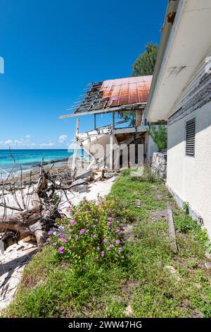 Hurricane-destroyed old building on the beach of Remire Island, Seychelles. Stock Photo