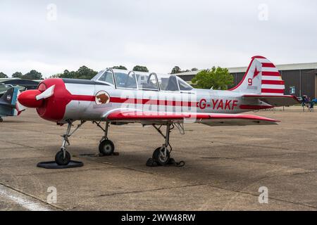 Yakovlev (Aerostar) Yak-52 G-YAKF in static display at Duxford Battle of Britain Air Show 2022, Duxford Airfield, Cambridgeshire, England, UK Stock Photo