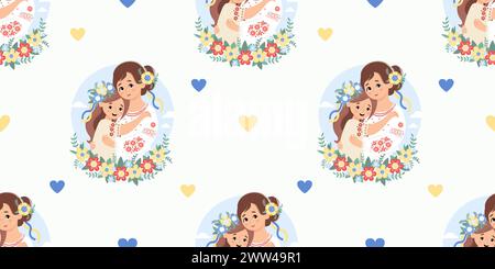 Seamless pattern Cute Ukrainian woman mom with daughter in traditional embroidered clothes with flowers on white background with yellow-blue hearts. V Stock Vector