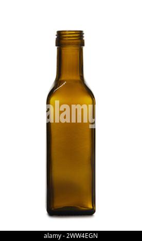 Empty square shape dark brown glass bottle for alcoholic and non-alcoholic drinks, medicines, oils, liquid foods, isolated on white background. Stock Photo