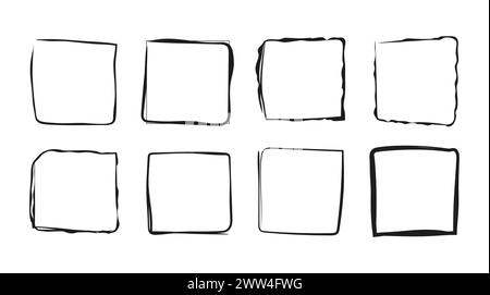 Squares, rectangle, grunge vector set in sketch style. Black frames outline in hand drawn style Stock Vector