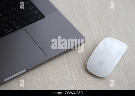 KYIV, UKRAINE - NOVEMBER 27, 2023 Apple Magic Mouse 3rd generation lies with grey MacBook 2021 close up Stock Photo