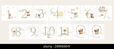 Set of of baby milestone cards in pastel colors. 12 months. Newborn boy or girl. Watercolor baby month anniversary card. Capture all the special momen Stock Photo