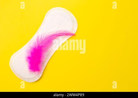 Blood and feminine hygiene pad with feather on yellow background. First menstrual period concept  Stock Photo