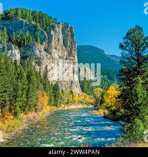 fall colors and cliffs along the gallatin river near gallatin gateway, montana Stock Photo