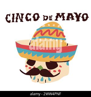 mexican skull with folk ornament in sombrero hat, isolated icon. Vector illustration can used for cinco de mayo banner, greeting card, label. Stock Vector