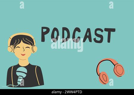Podcast cover design on blue background in flat style. Vector illustration hand drawn. Can used for broadcasting, podcast banner, cover template for social network. Stock Vector