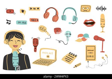 Podcast elements set with woman in flat style. Microphone, laptop, headphones, phone and earphones. Media equipment for audio and video recording, broadcasting. Stock Vector