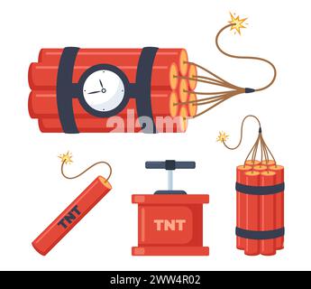 Dynamite sticks, set. Red sticks with burning fuses and explosion timer. Trinitrotoluene explosive object icons. Vector illustration Stock Vector