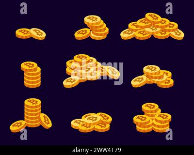Bitcoin coin icon set. Various piles of scattered coins. Bitcoin cryptocurrency. 3D coins with a Bitcoin symbol. Stack of gold coins. Design wallpaper Stock Vector