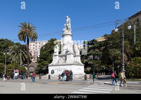 Genoa, Italy - March 30 2019: The Columbus Monument on Piazza Acquaverde created by Lorenzo Bartolini in 1846 opposite of the Genova Piazza Principe r Stock Photo