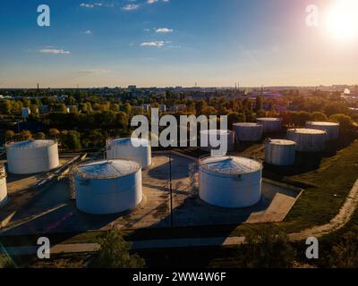 Petrol industrial zone. Aerial view of round tanks. Stock Photo