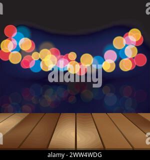 Wood Floor and Blurred Night Scene Background, Vector Illustration Stock Vector