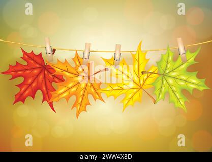 Autumn Leafs with Clothespins Background, Vector Illustration Stock Vector