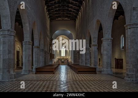 The main nave of the Basilica of Santa Maria di Collemaggio with the checkered floor and the octagonal pillars that support the arches. L'Aquila,Italy Stock Photo