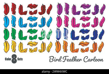 Bird Feathers Cartoon in 8 color set, Vector Illustration Stock Vector