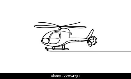 Continuous line helicopter in flight. Drawing black thin line on white background. Stock Vector