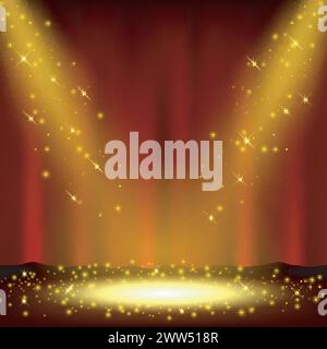 Spotlights on Show Event Red Curtain, Vector Illustration Stock Vector