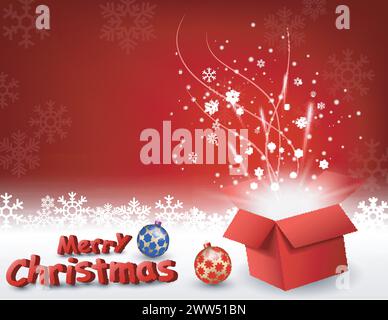 Open Gift Box with Bright Light and Confetti, Christmas Background, Vector Illustration Stock Vector
