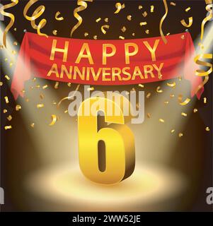 Happy 6th Anniversary Celebration with Golden Confetti and Spotlight, Vector Illustration Stock Vector