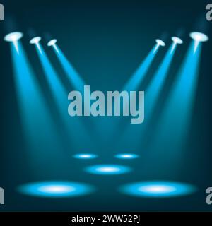 Blue Spotlights Shining in Dark Place Background, Vector Illustration Stock Vector